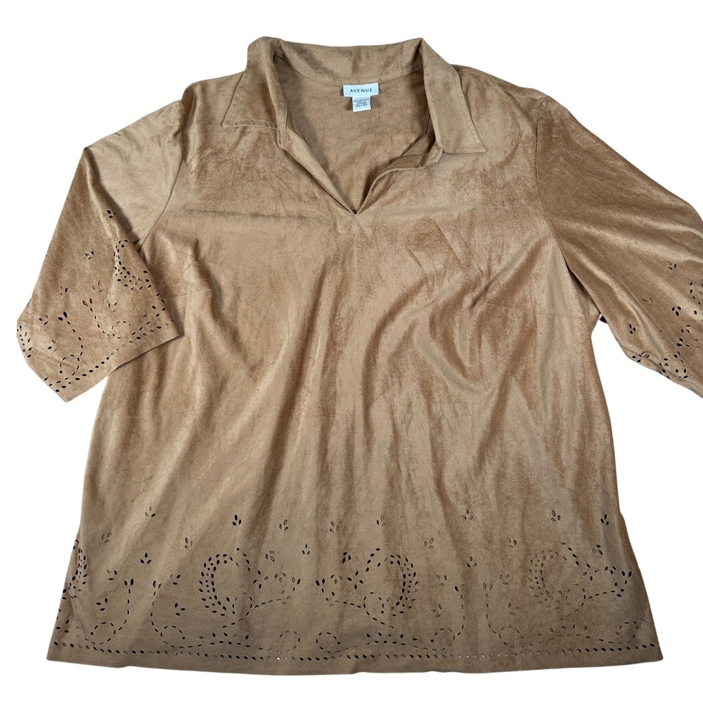 Avenue Tan Faux Suede Laser Cut Eyelet‎ Tunic Top Plus Size 30/32 Western boho